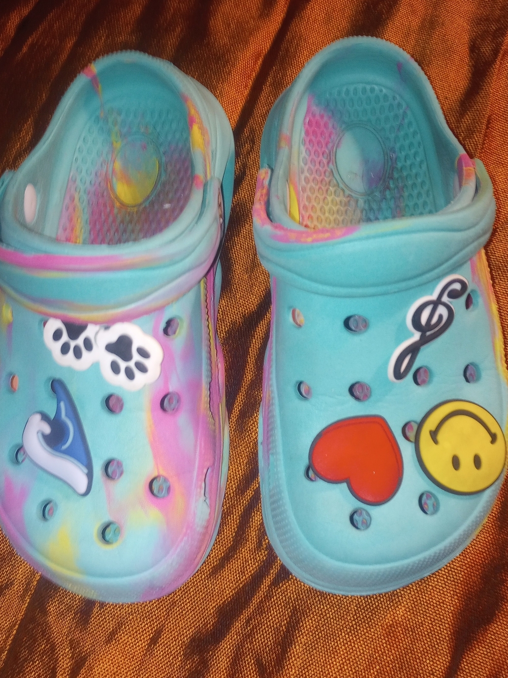 Kids Tie-Dye Kids Crocs with Fun Charms - Aqua Pink Yellow